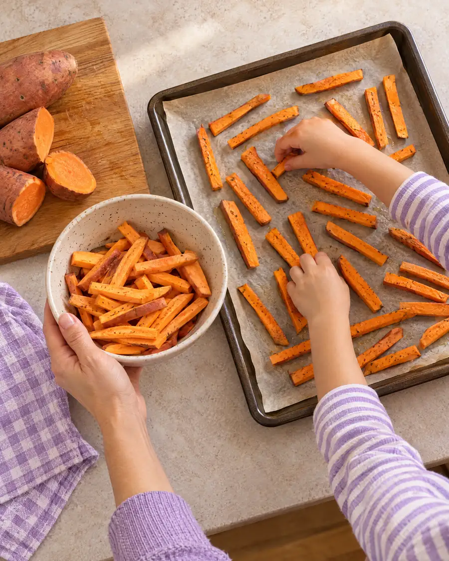 Mãos de criança arrumando palitos de batata-doce na assadeira, com a ajuda da mãe
