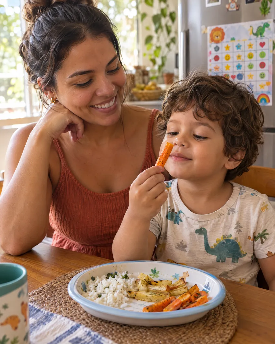 Mãe sorrindo enquanto o filho cheira um palito de cenoura assada à mesa