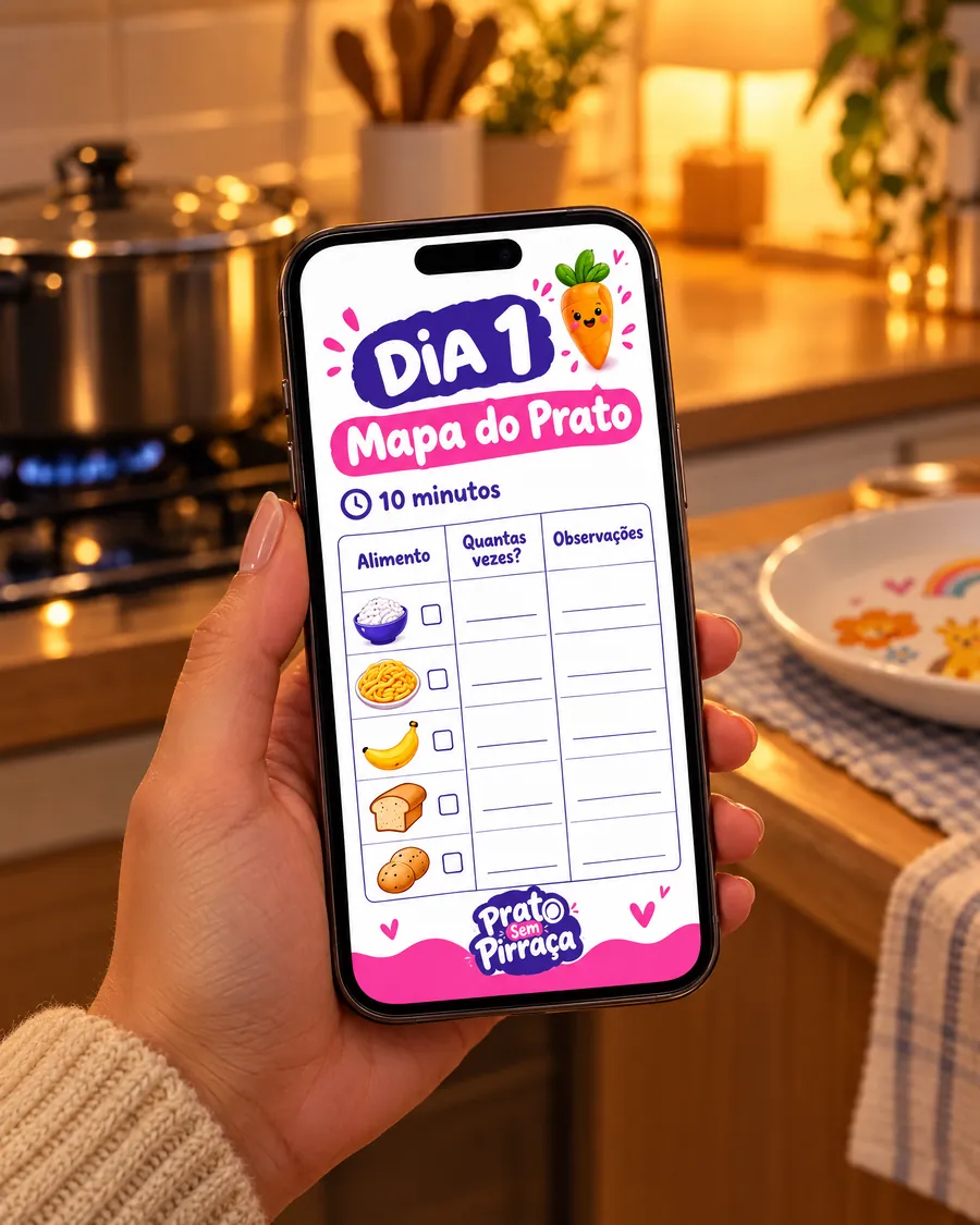 Mão de mãe segurando o celular com a ficha do Dia 1, Mapa do Prato, na cozinha à noite
