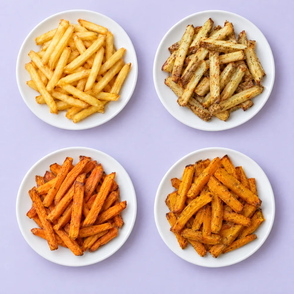 Quatro pratos em sequência: batata frita, batata assada em palito, batata-doce em palito e abóbora em palito