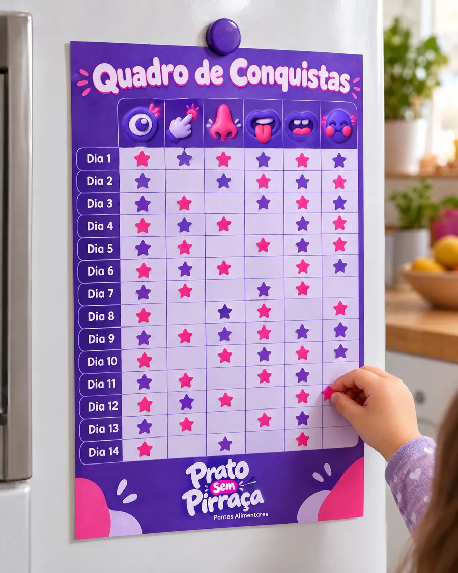 Criança colando um adesivo de estrela no Quadro de Conquistas preso na geladeira